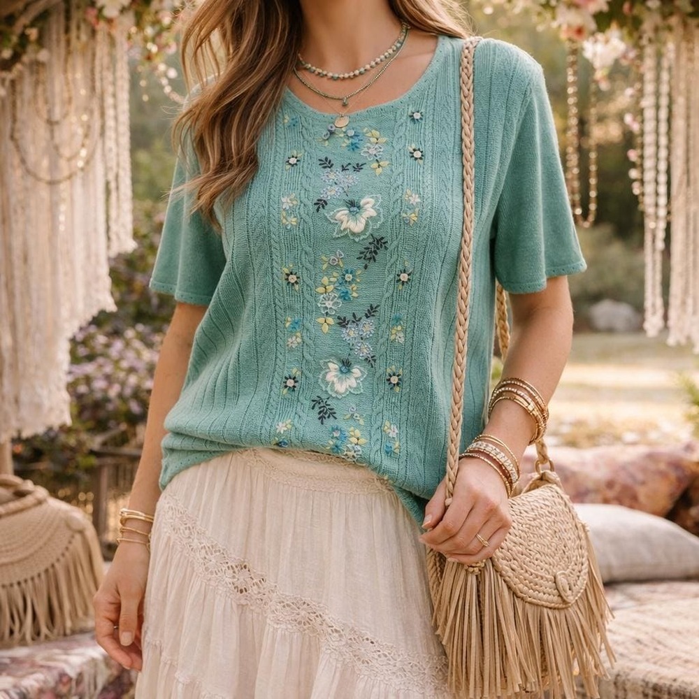 L | Seafoam Green Short Sleeve Floral Embroidered and Embellished Top